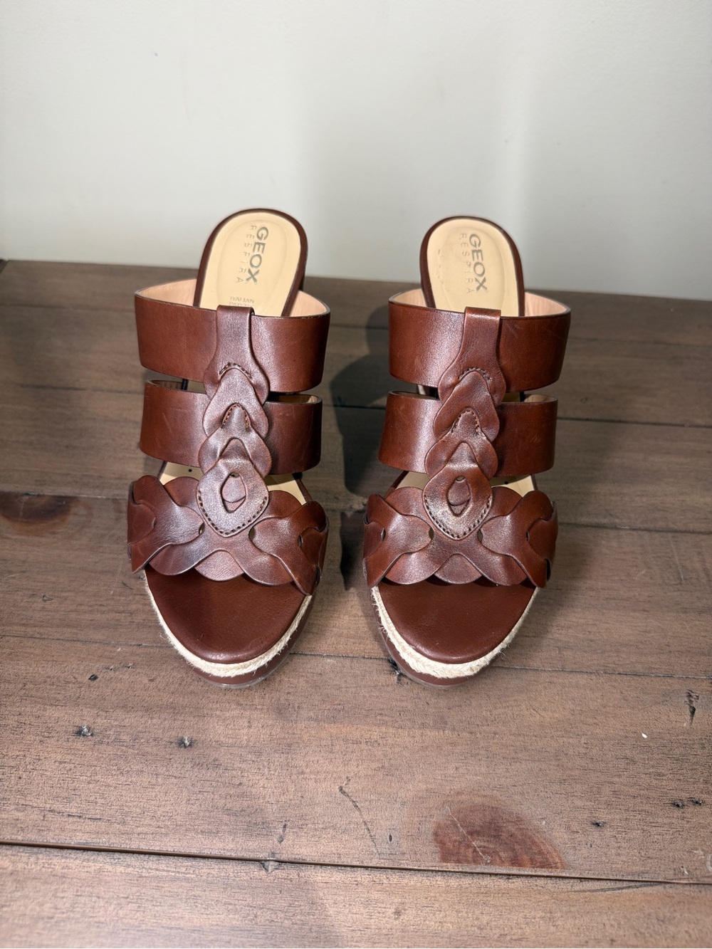Geox Brown Braided Leather Wedge Sandals